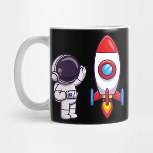 Astronaut Waving Hand to Rocket Cartoon Mug